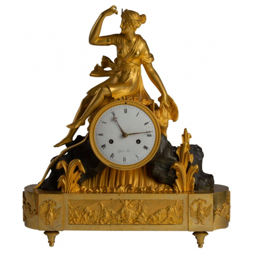 Directoire Gilt and Patinated Bronze Mantel Clock 'Diana the Huntress'